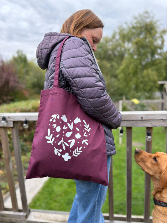 Burgundy Floral Heart Tote Bag