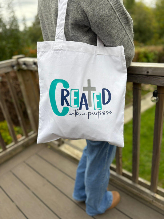 Created with a purpose Bible Scripture Tote Bag