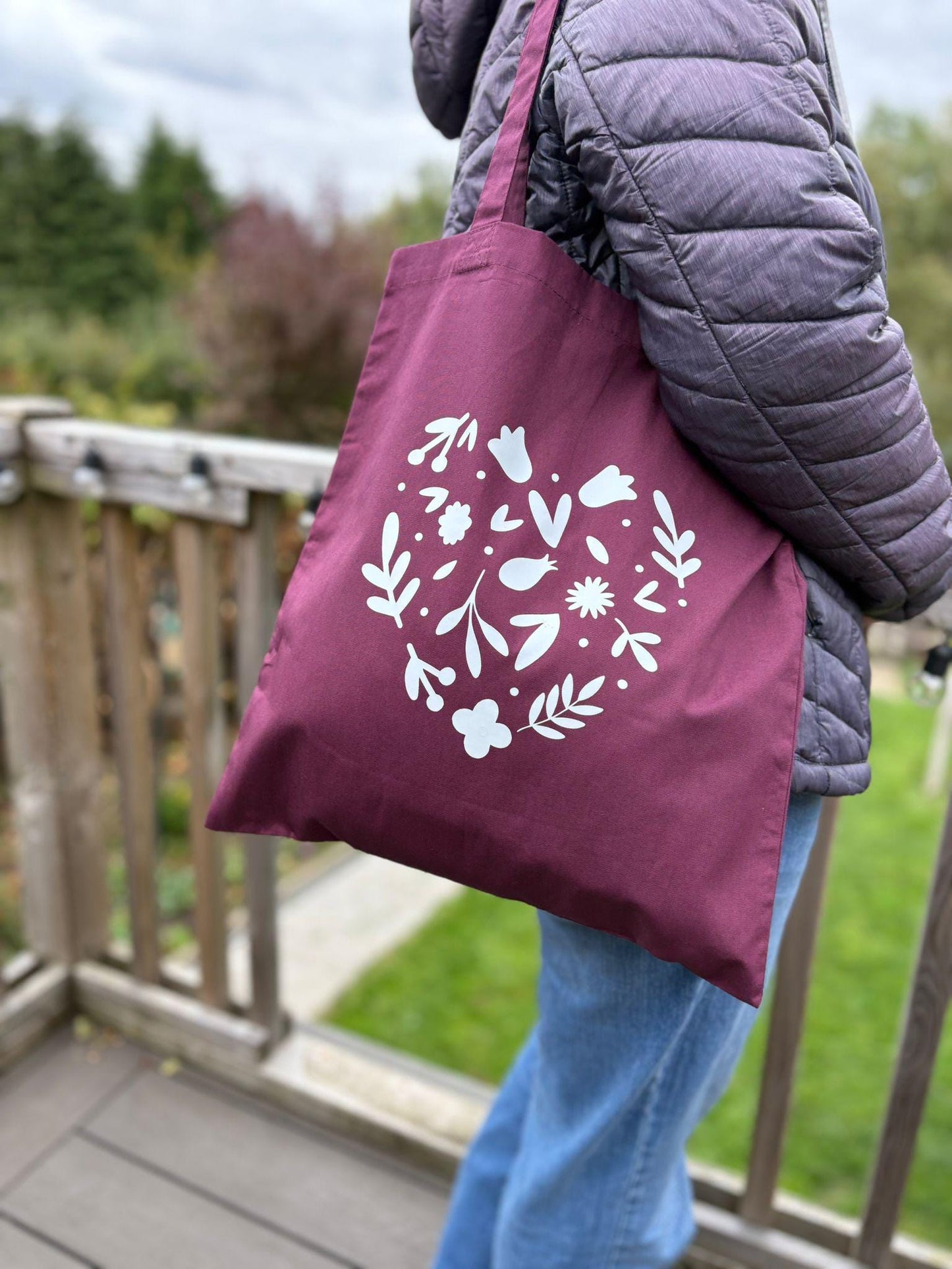 Burgundy Floral Heart Tote Bag