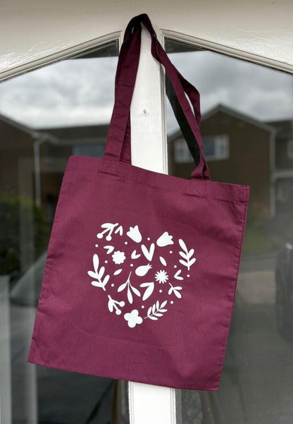 Burgundy Floral Heart Tote Bag